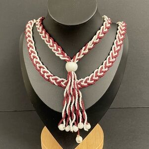 Vintage Red and White Long Seed Bead Necklace